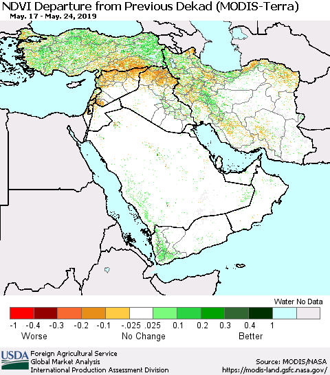 Middle East and Turkey NDVI Departure from Previous Dekad (Terra-MODIS) Thematic Map For 5/21/2019 - 5/31/2019