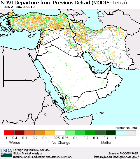 Middle East and Turkey NDVI Departure from Previous Dekad (Terra-MODIS) Thematic Map For 6/1/2019 - 6/10/2019