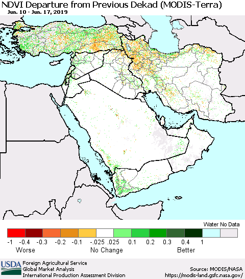 Middle East and Turkey NDVI Departure from Previous Dekad (Terra-MODIS) Thematic Map For 6/11/2019 - 6/20/2019