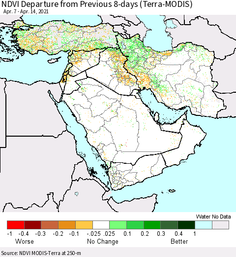 Middle East and Turkey NDVI Departure from Previous 8-days (Terra-MODIS) Thematic Map For 4/7/2021 - 4/14/2021
