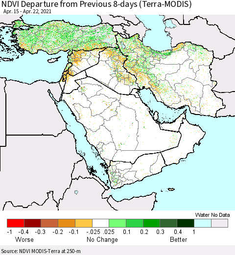 Middle East and Turkey NDVI Departure from Previous 8-days (Terra-MODIS) Thematic Map For 4/15/2021 - 4/22/2021