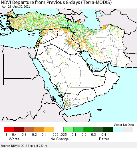 Middle East and Turkey NDVI Departure from Previous 8-days (Terra-MODIS) Thematic Map For 4/23/2021 - 4/30/2021