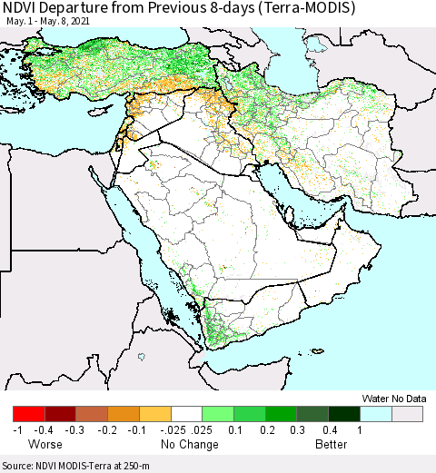Middle East and Turkey NDVI Departure from Previous 8-days (Terra-MODIS) Thematic Map For 5/1/2021 - 5/8/2021