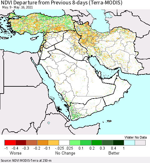 Middle East and Turkey NDVI Departure from Previous 8-days (Terra-MODIS) Thematic Map For 5/9/2021 - 5/16/2021