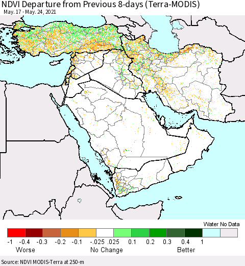 Middle East and Turkey NDVI Departure from Previous 8-days (Terra-MODIS) Thematic Map For 5/17/2021 - 5/24/2021