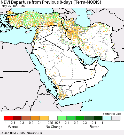 Middle East and Turkey NDVI Departure from Previous 8-days (Terra-MODIS) Thematic Map For 5/25/2021 - 6/1/2021