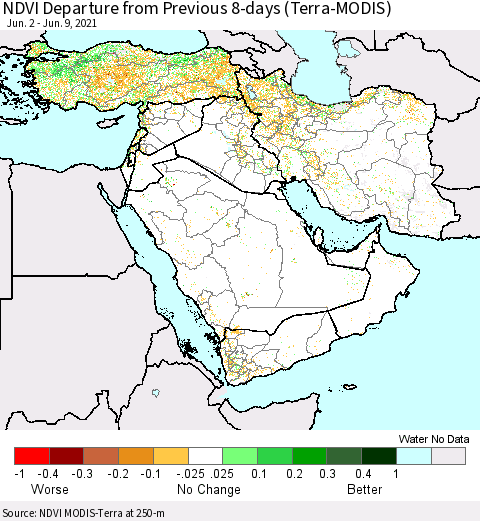 Middle East and Turkey NDVI Departure from Previous 8-days (Terra-MODIS) Thematic Map For 6/2/2021 - 6/9/2021