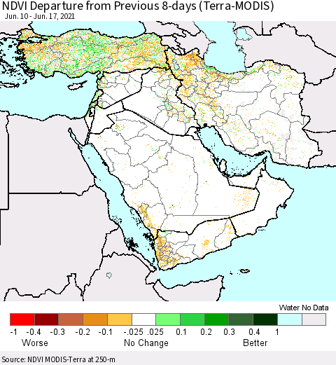 Middle East and Turkey NDVI Departure from Previous 8-days (Terra-MODIS) Thematic Map For 6/10/2021 - 6/17/2021