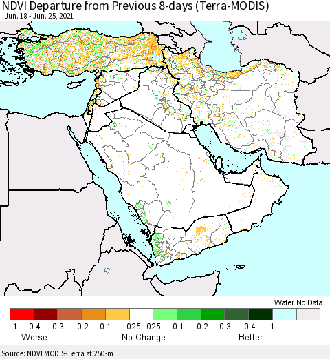 Middle East and Turkey NDVI Departure from Previous 8-days (Terra-MODIS) Thematic Map For 6/18/2021 - 6/25/2021