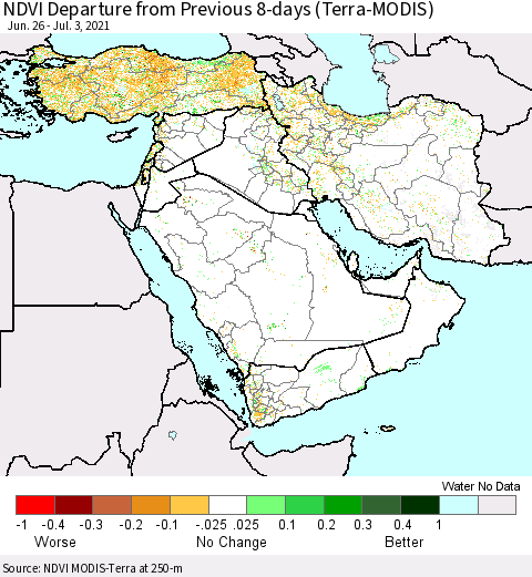 Middle East and Turkey NDVI Departure from Previous 8-days (Terra-MODIS) Thematic Map For 6/26/2021 - 7/3/2021