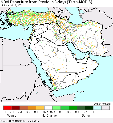 Middle East and Turkey NDVI Departure from Previous 8-days (Terra-MODIS) Thematic Map For 7/4/2021 - 7/11/2021