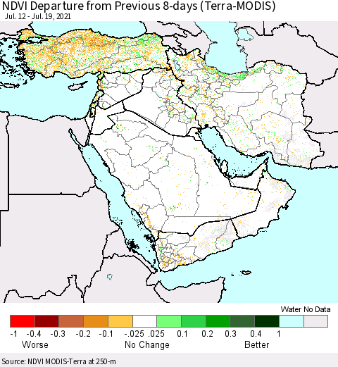 Middle East and Turkey NDVI Departure from Previous 8-days (Terra-MODIS) Thematic Map For 7/12/2021 - 7/19/2021