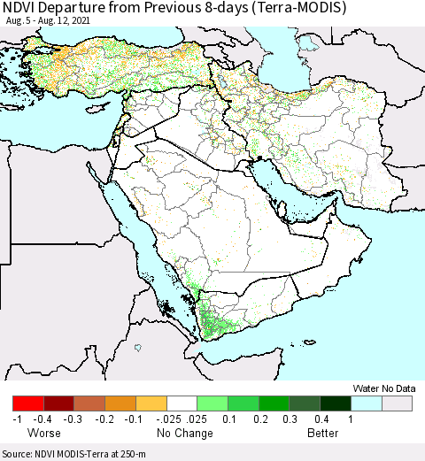 Middle East and Turkey NDVI Departure from Previous 8-days (Terra-MODIS) Thematic Map For 8/5/2021 - 8/12/2021