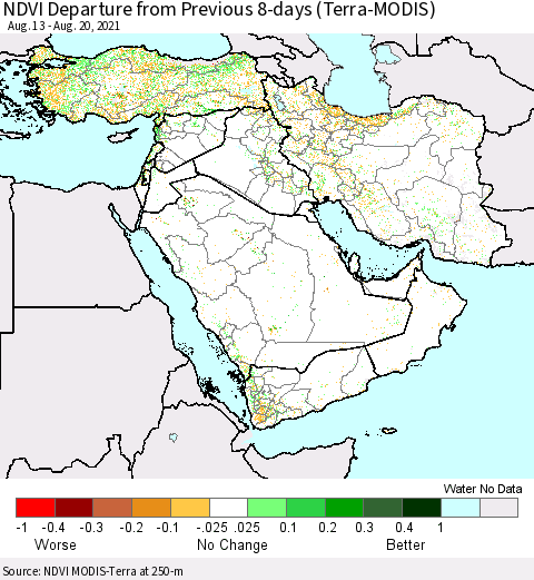 Middle East and Turkey NDVI Departure from Previous 8-days (Terra-MODIS) Thematic Map For 8/13/2021 - 8/20/2021