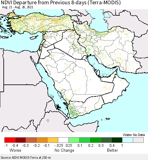 Middle East and Turkey NDVI Departure from Previous 8-days (Terra-MODIS) Thematic Map For 8/21/2021 - 8/28/2021