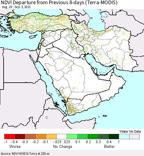Middle East and Turkey NDVI Departure from Previous 8-days (Terra-MODIS) Thematic Map For 8/29/2021 - 9/5/2021