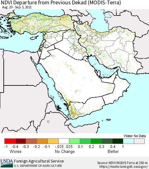 Middle East and Turkey NDVI Departure from Previous Dekad (Terra-MODIS) Thematic Map For 9/1/2021 - 9/10/2021