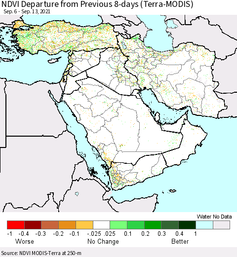 Middle East and Turkey NDVI Departure from Previous 8-days (Terra-MODIS) Thematic Map For 9/6/2021 - 9/13/2021