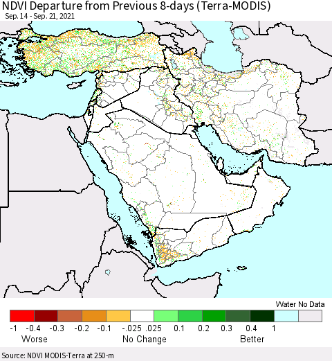 Middle East and Turkey NDVI Departure from Previous 8-days (Terra-MODIS) Thematic Map For 9/14/2021 - 9/21/2021