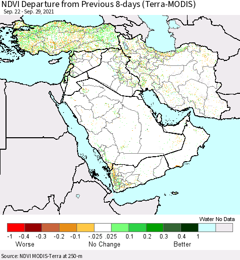 Middle East and Turkey NDVI Departure from Previous 8-days (Terra-MODIS) Thematic Map For 9/22/2021 - 9/29/2021