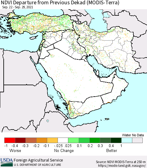 Middle East and Turkey NDVI Departure from Previous Dekad (Terra-MODIS) Thematic Map For 9/21/2021 - 9/30/2021