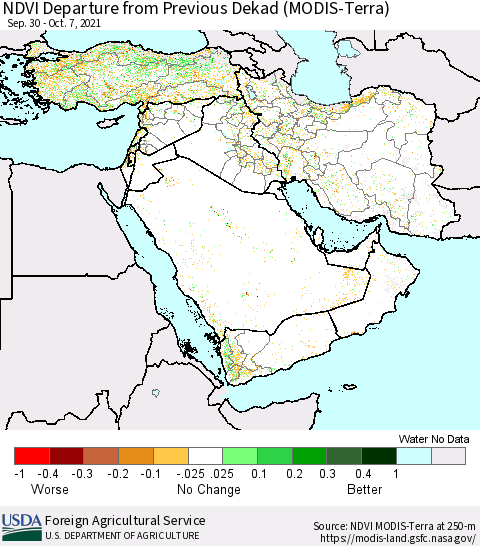 Middle East and Turkey NDVI Departure from Previous Dekad (Terra-MODIS) Thematic Map For 10/1/2021 - 10/10/2021