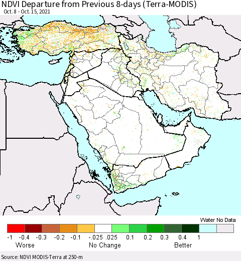 Middle East and Turkey NDVI Departure from Previous 8-days (Terra-MODIS) Thematic Map For 10/8/2021 - 10/15/2021