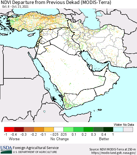 Middle East and Turkey NDVI Departure from Previous Dekad (Terra-MODIS) Thematic Map For 10/11/2021 - 10/20/2021
