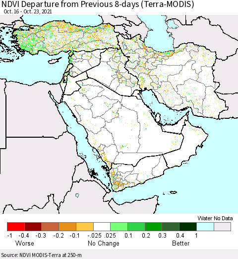 Middle East and Turkey NDVI Departure from Previous 8-days (Terra-MODIS) Thematic Map For 10/16/2021 - 10/23/2021
