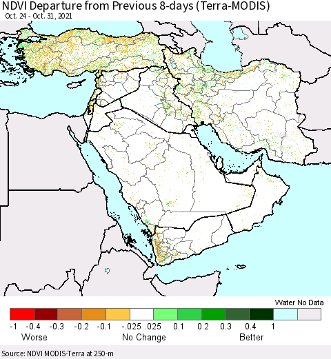 Middle East and Turkey NDVI Departure from Previous Dekad (Terra-MODIS) Thematic Map For 10/21/2021 - 10/31/2021