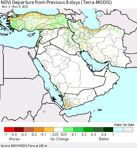 Middle East and Turkey NDVI Departure from Previous 8-days (Terra-MODIS) Thematic Map For 11/1/2021 - 11/8/2021