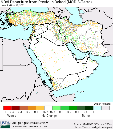 Middle East and Turkey NDVI Departure from Previous Dekad (Terra-MODIS) Thematic Map For 11/11/2021 - 11/20/2021
