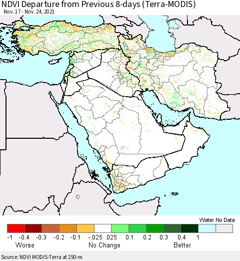 Middle East and Turkey NDVI Departure from Previous 8-days (Terra-MODIS) Thematic Map For 11/17/2021 - 11/24/2021