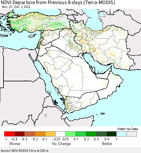 Middle East and Turkey NDVI Departure from Previous 8-days (Terra-MODIS) Thematic Map For 11/25/2021 - 12/2/2021