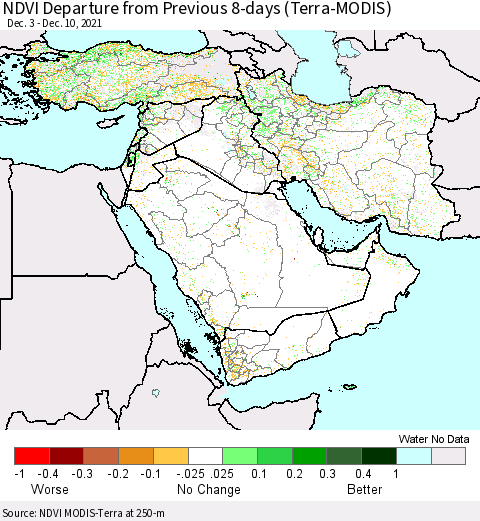 Middle East and Turkey NDVI Departure from Previous Dekad (Terra-MODIS) Thematic Map For 12/1/2021 - 12/10/2021