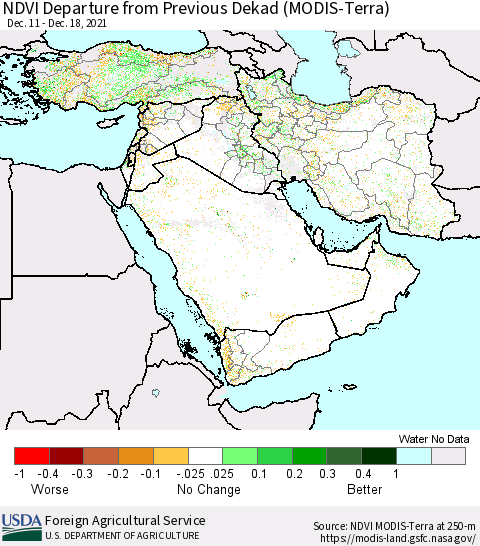 Middle East and Turkey NDVI Departure from Previous Dekad (Terra-MODIS) Thematic Map For 12/11/2021 - 12/20/2021