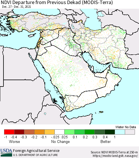 Middle East and Turkey NDVI Departure from Previous Dekad (Terra-MODIS) Thematic Map For 12/21/2021 - 12/31/2021