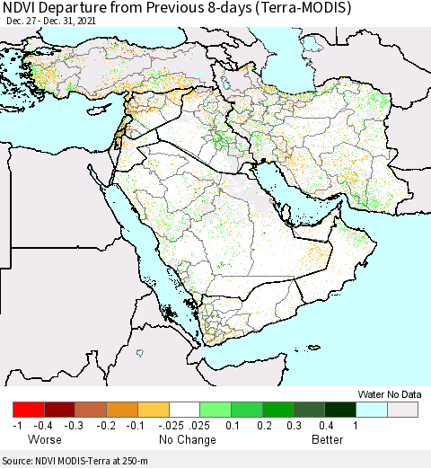 Middle East and Turkey NDVI Departure from Previous 8-days (Terra-MODIS) Thematic Map For 12/26/2021 - 1/2/2022
