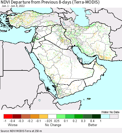 Middle East and Turkey NDVI Departure from Previous 8-days (Terra-MODIS) Thematic Map For 1/1/2022 - 1/8/2022