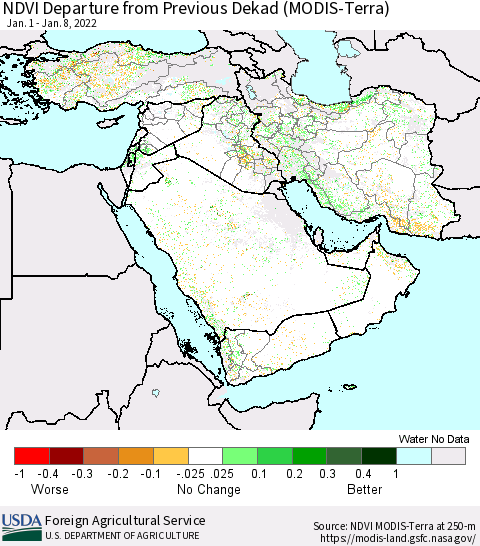 Middle East and Turkey NDVI Departure from Previous Dekad (Terra-MODIS) Thematic Map For 1/1/2022 - 1/10/2022