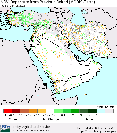 Middle East and Turkey NDVI Departure from Previous Dekad (Terra-MODIS) Thematic Map For 1/11/2022 - 1/20/2022