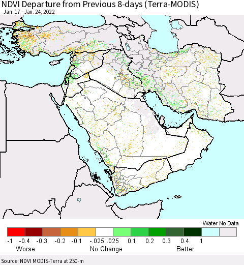 Middle East and Turkey NDVI Departure from Previous 8-days (Terra-MODIS) Thematic Map For 1/17/2022 - 1/24/2022