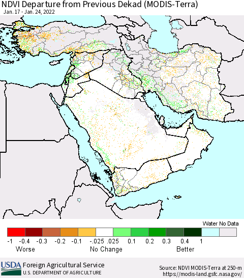 Middle East and Turkey NDVI Departure from Previous Dekad (Terra-MODIS) Thematic Map For 1/21/2022 - 1/31/2022