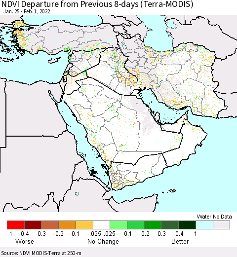 Middle East and Turkey NDVI Departure from Previous 8-days (Terra-MODIS) Thematic Map For 1/25/2022 - 2/1/2022