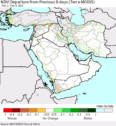Middle East and Turkey NDVI Departure from Previous 8-days (Terra-MODIS) Thematic Map For 2/2/2022 - 2/9/2022