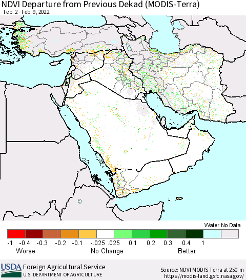 Middle East and Turkey NDVI Departure from Previous Dekad (Terra-MODIS) Thematic Map For 2/1/2022 - 2/10/2022