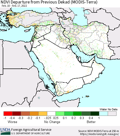 Middle East and Turkey NDVI Departure from Previous Dekad (Terra-MODIS) Thematic Map For 2/11/2022 - 2/20/2022