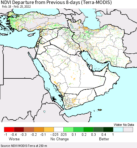 Middle East and Turkey NDVI Departure from Previous 8-days (Terra-MODIS) Thematic Map For 2/18/2022 - 2/25/2022