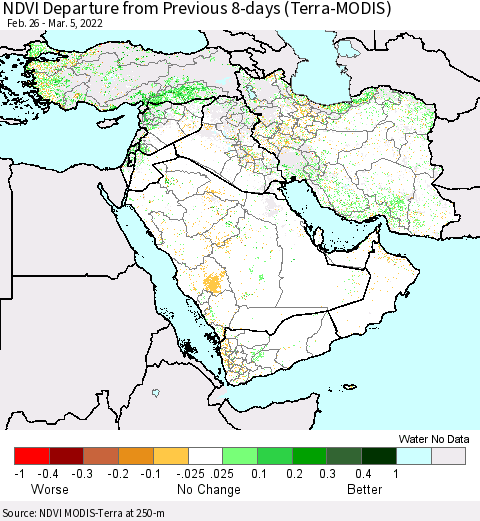 Middle East and Turkey NDVI Departure from Previous 8-days (Terra-MODIS) Thematic Map For 2/26/2022 - 3/5/2022