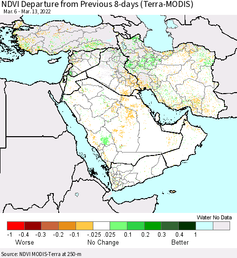 Middle East and Turkey NDVI Departure from Previous 8-days (Terra-MODIS) Thematic Map For 3/6/2022 - 3/13/2022